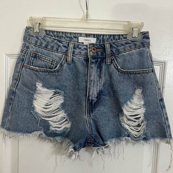Forever21 High Rise Distressed Medium Wash Denim Shorts — 24 - Picture 3 of 6